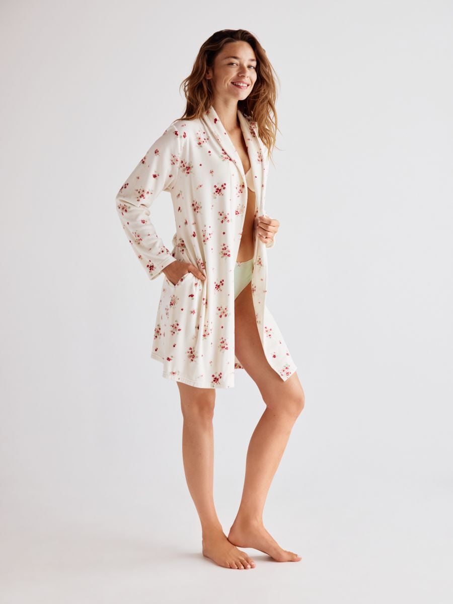 Patterned dressing gown with belt - cream - RESERVED