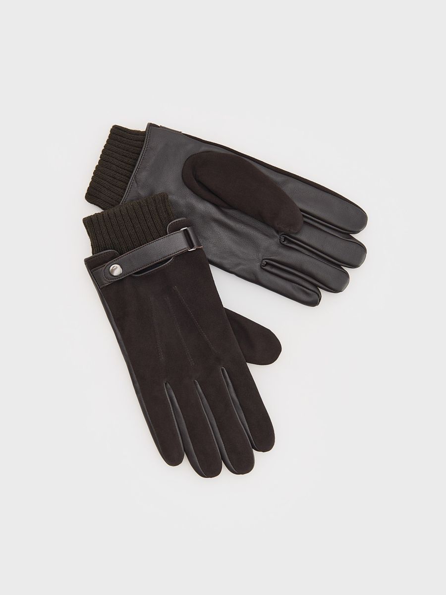 COMBINED MATERIALS LEATHER GLOVES - dark brown - RESERVED