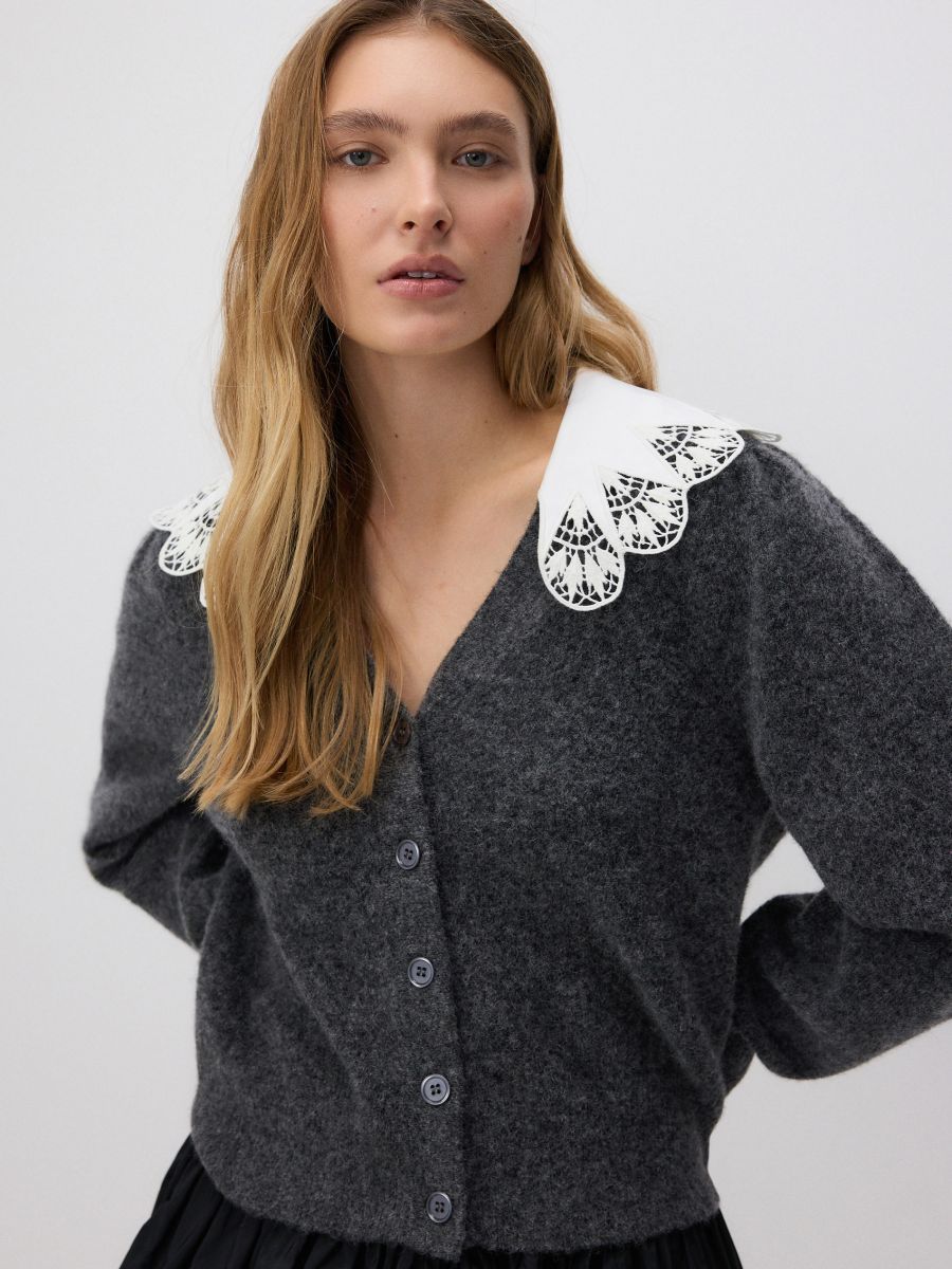 Alpaca wool blend cardigan with decorative collar - dark grey - RESERVED