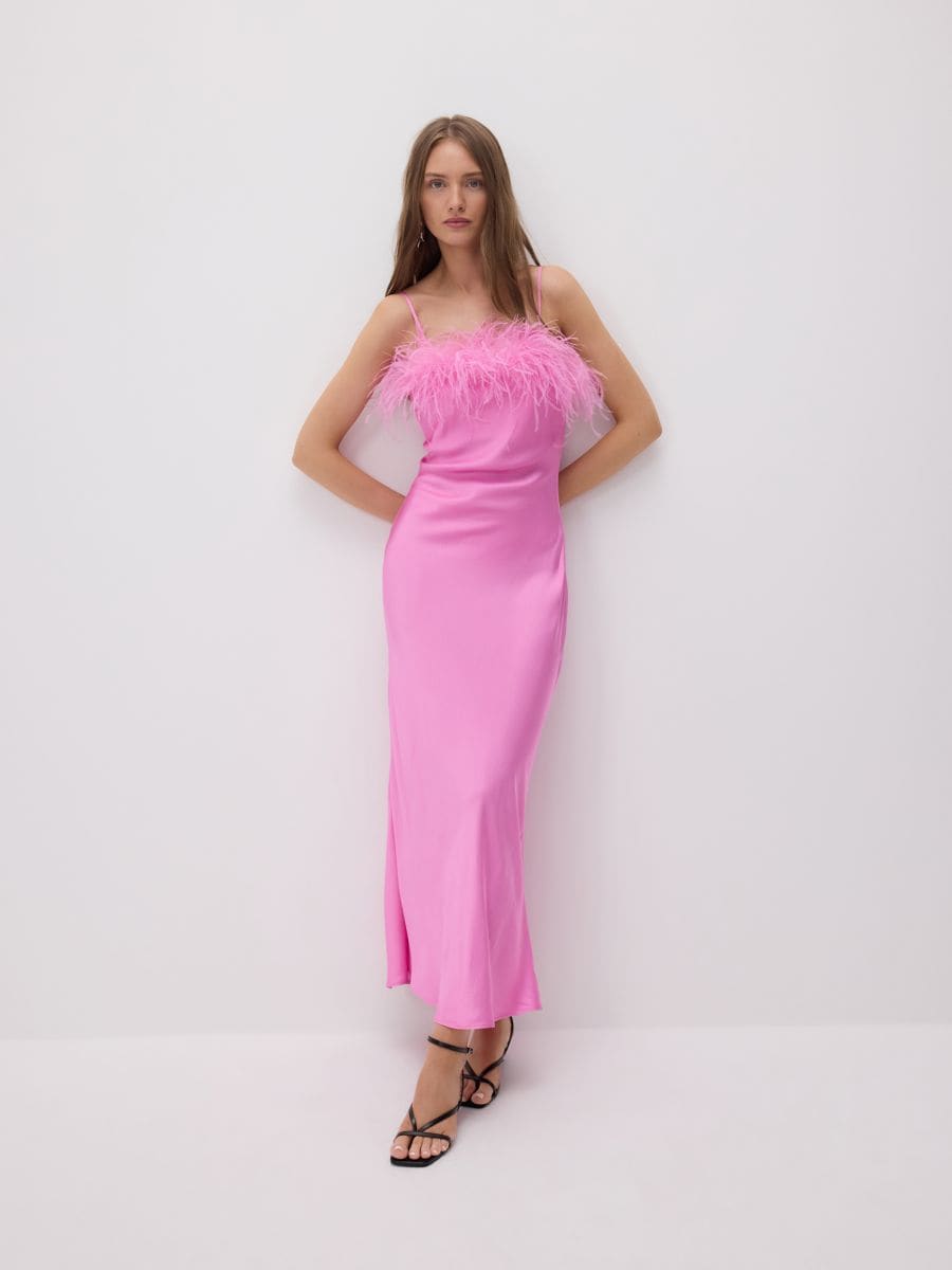 Satin dress with natural feathers - pink - RESERVED