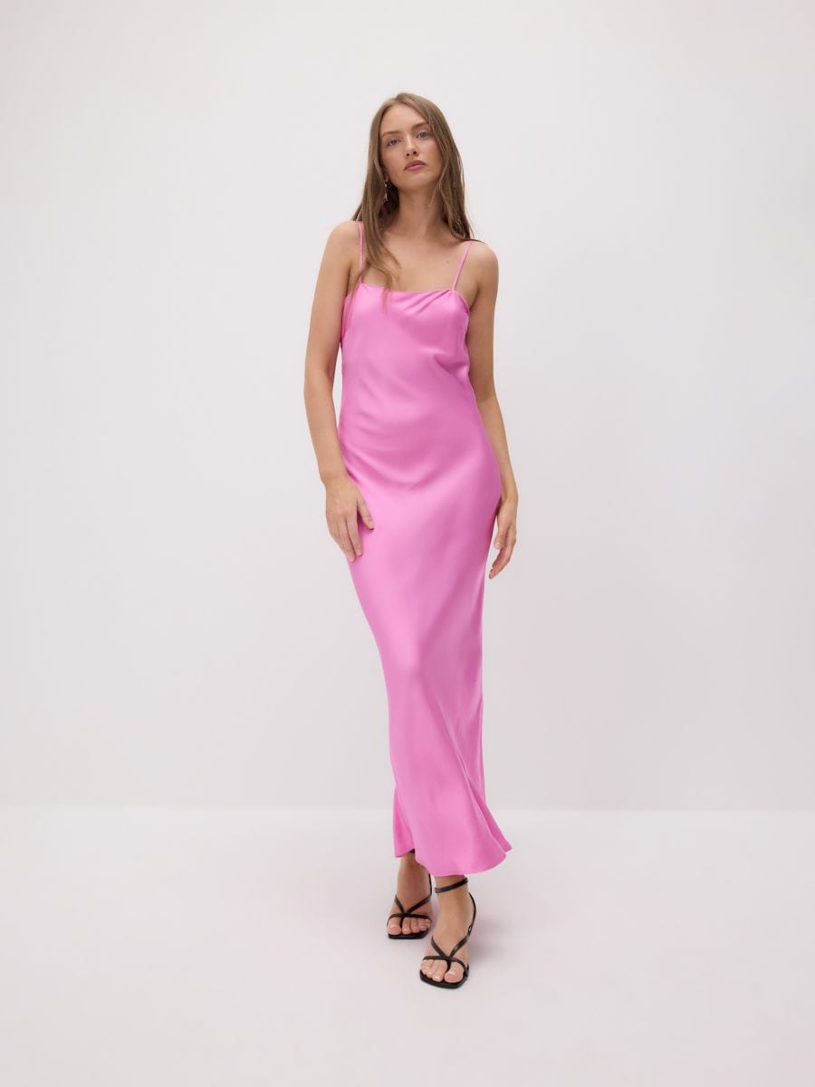 Satin dress with natural feathers - pink - RESERVED