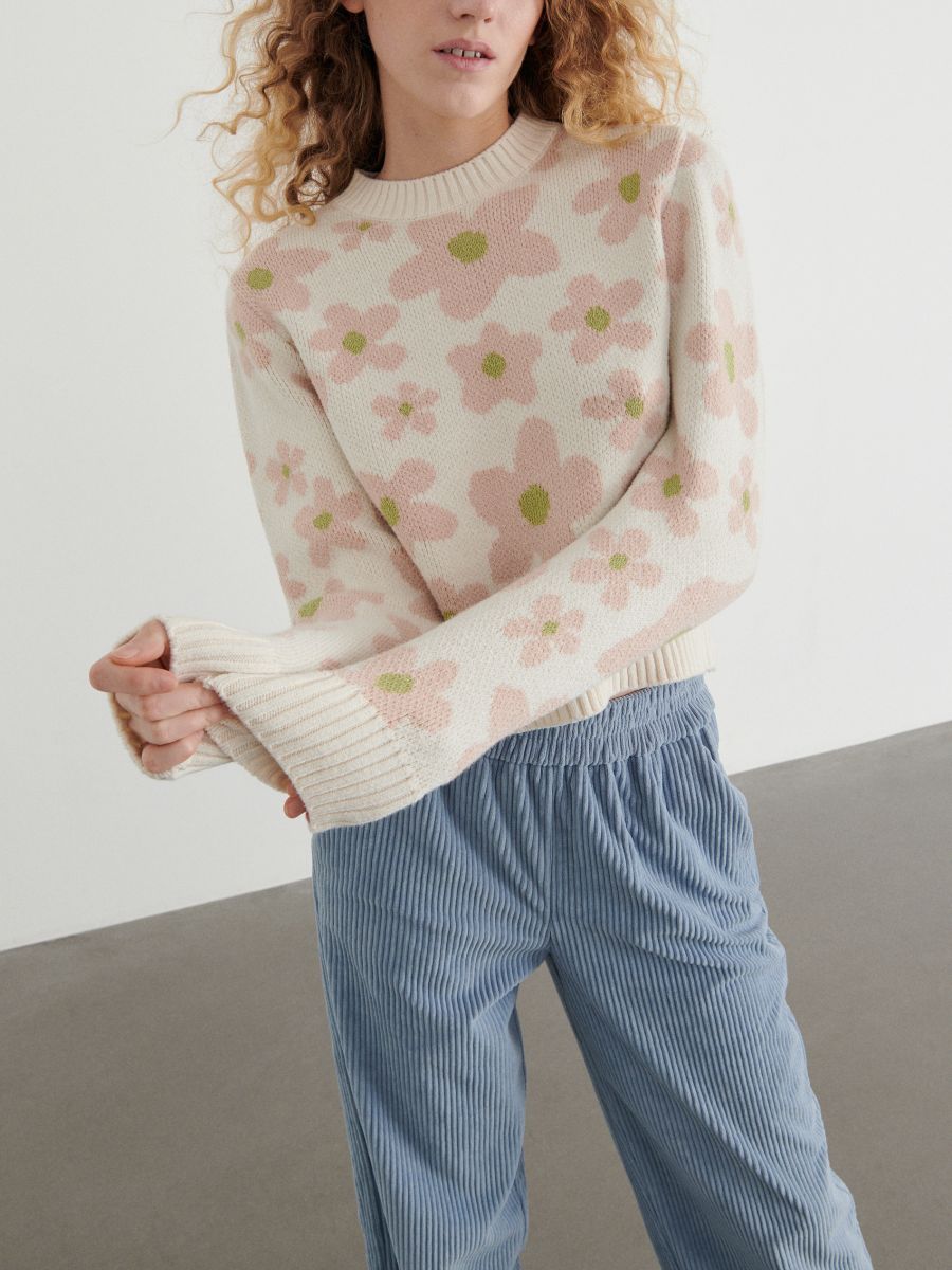 Sweter w kwiaty - kremowy - RESERVED - 2