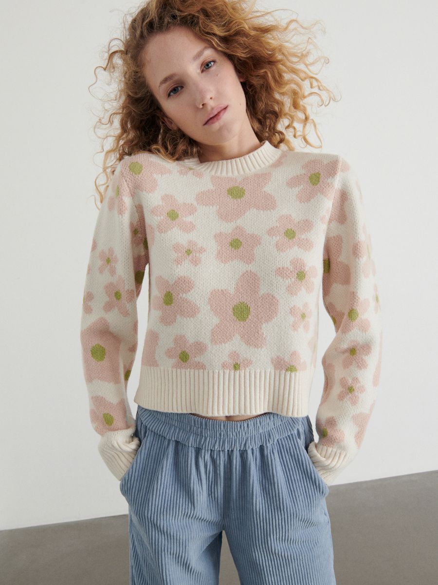 Sweter w kwiaty - kremowy - RESERVED - 3