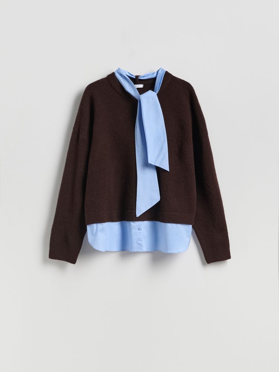 Jumper with shirt details - dark brown - RESERVED