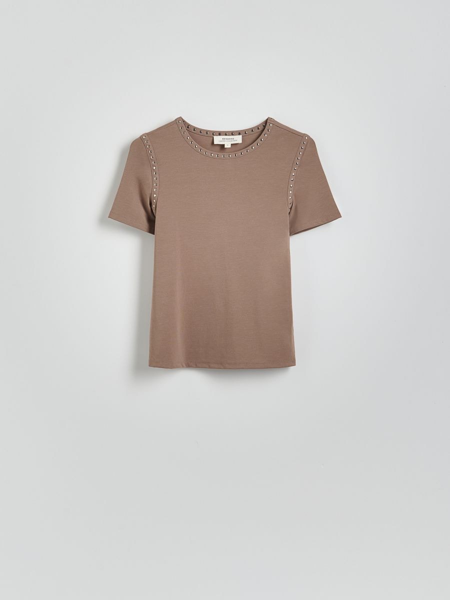 T-shirt z ćwiekami Kolor brązowy - RESERVED - 141EN-98X