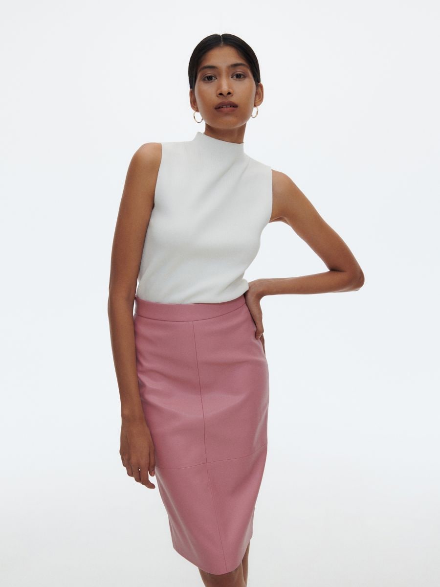 Pink midi leather skirt hotsell