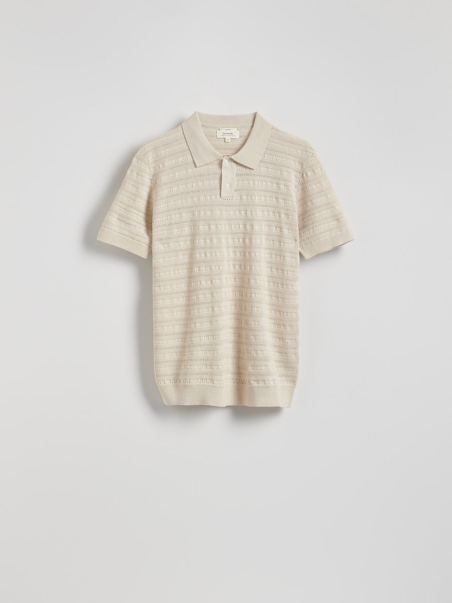 Openwork linen rich polo shirt - beige - RESERVED