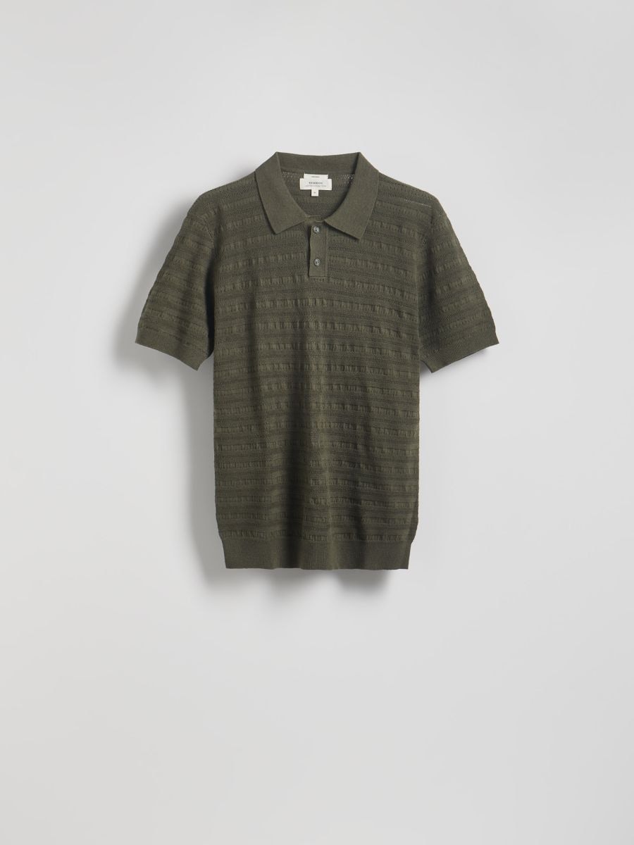 Openwork linen rich polo shirt - green - RESERVED