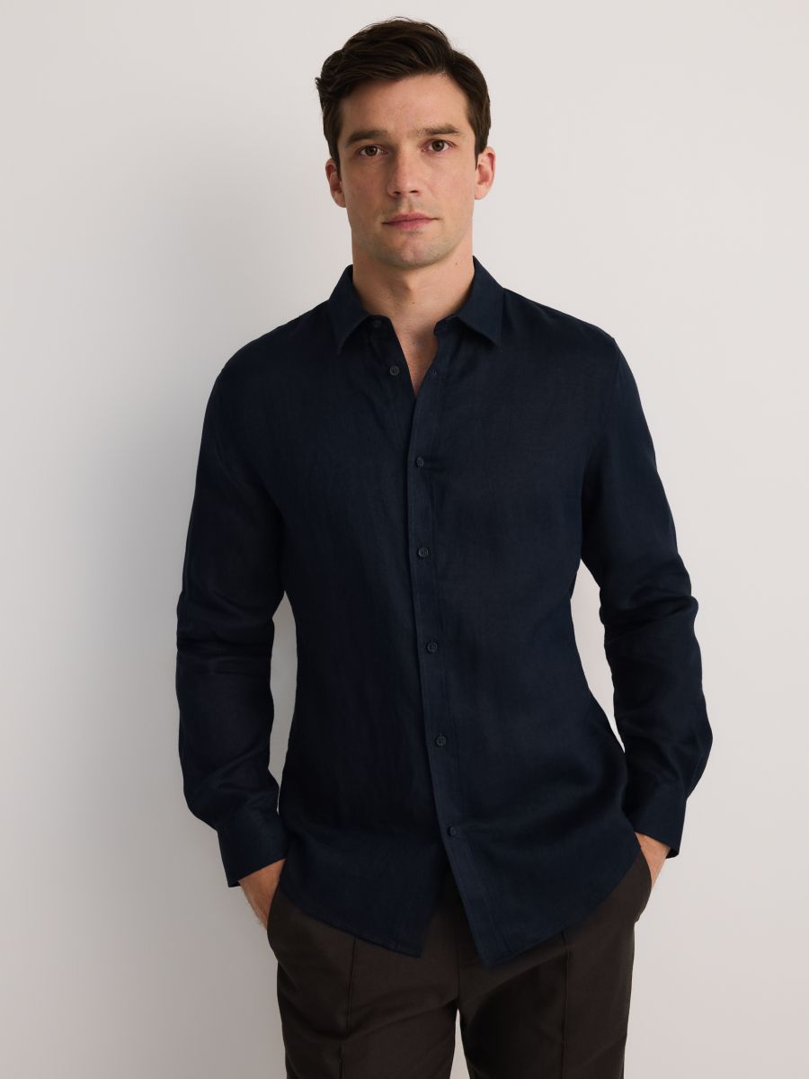 Regular fit linen shirt - navy - RESERVED