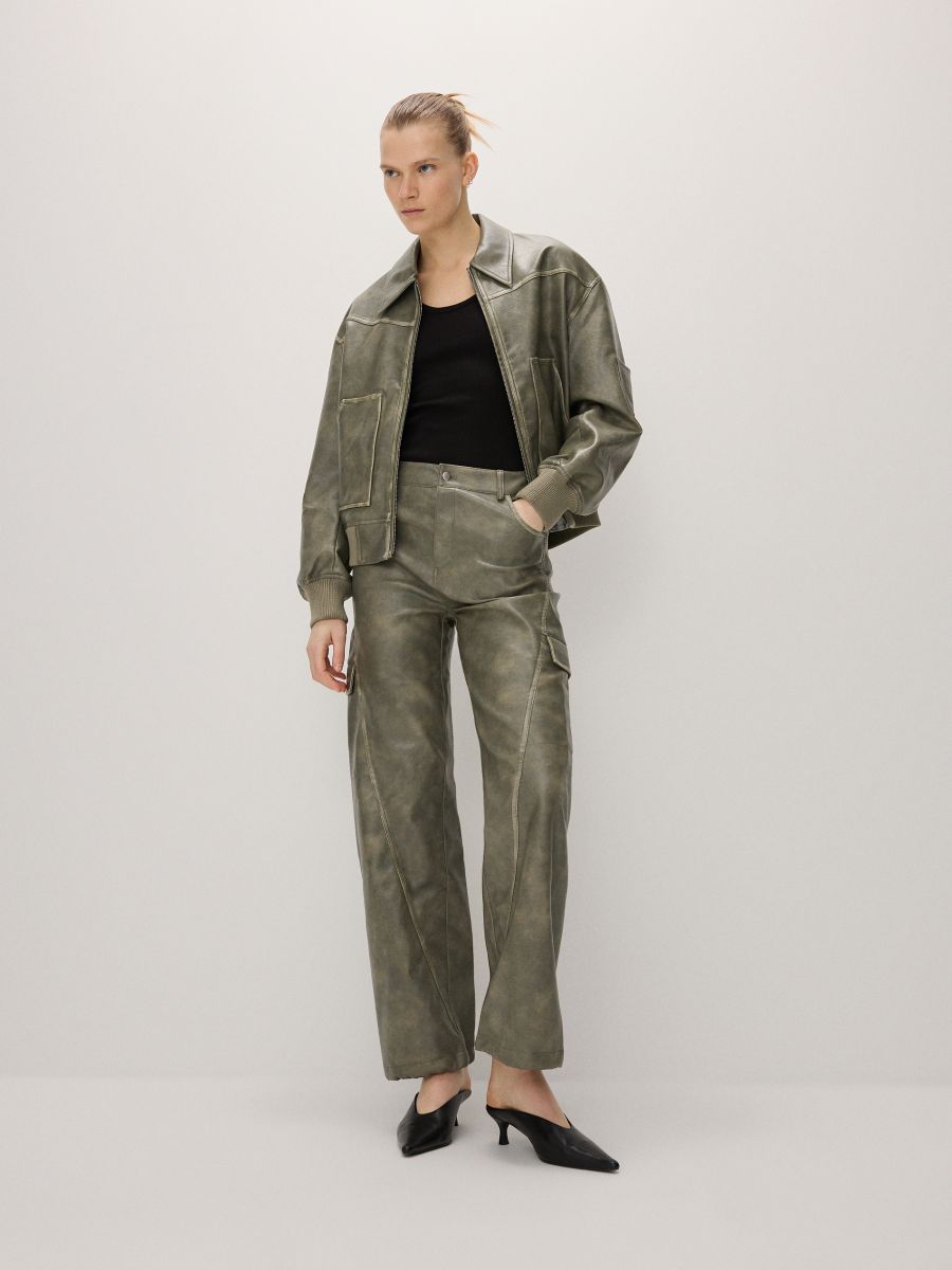 Faux leather cargo trousers - light olive - RESERVED