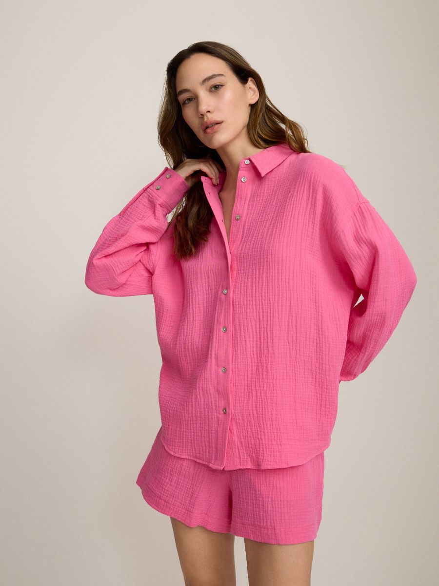 Camicia oversize in mussola di cotone - rosa shocking - RESERVED - 3