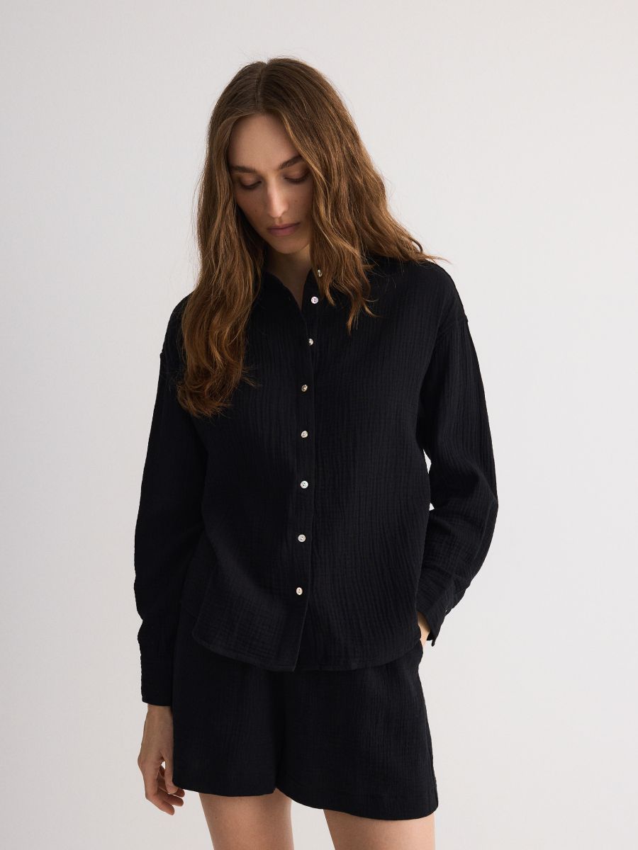 Oversized katoenen mousseline blouse - zwart - RESERVED