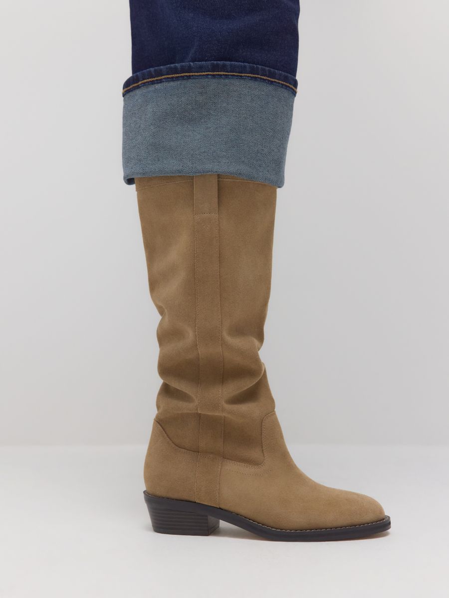 Suede high boots with stitching - beige - RESERVED