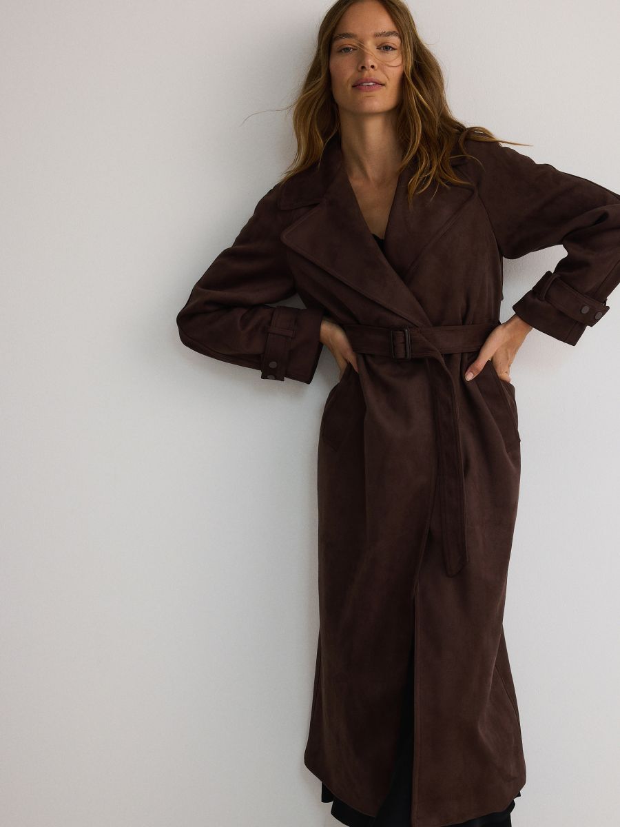 Faux suede longline coat with belt - dark brown - RESERVED - 2