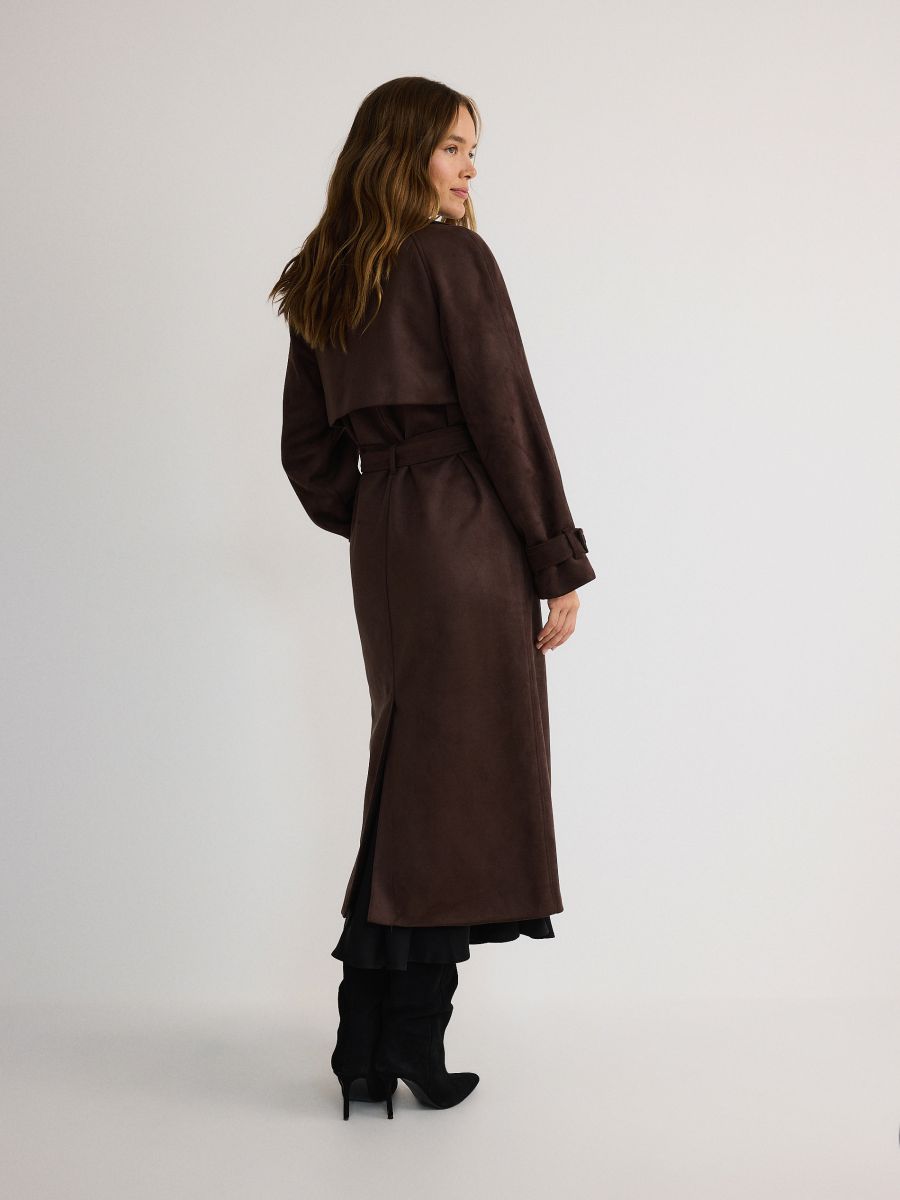 Faux suede longline coat with belt - dark brown - RESERVED - 3
