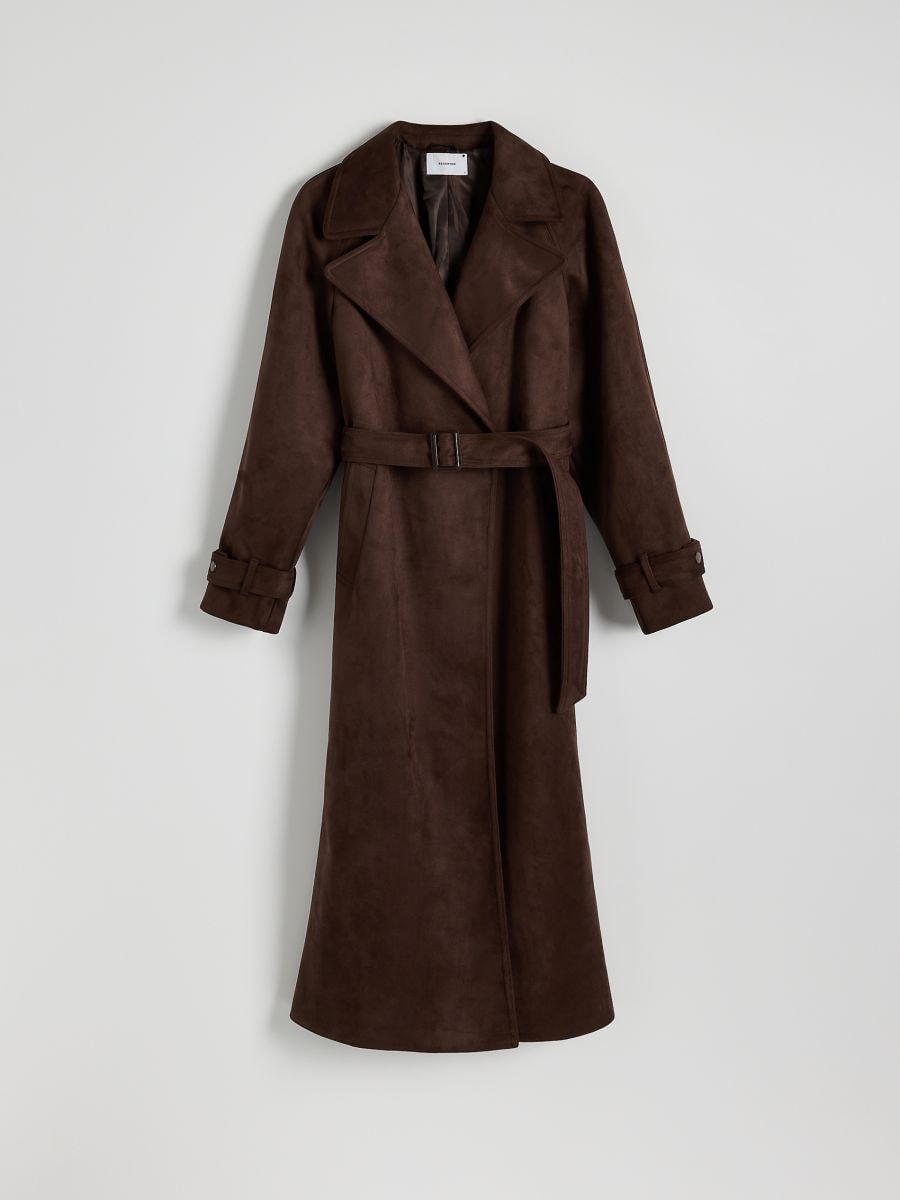 Faux suede longline coat with belt - dark brown - RESERVED - 6