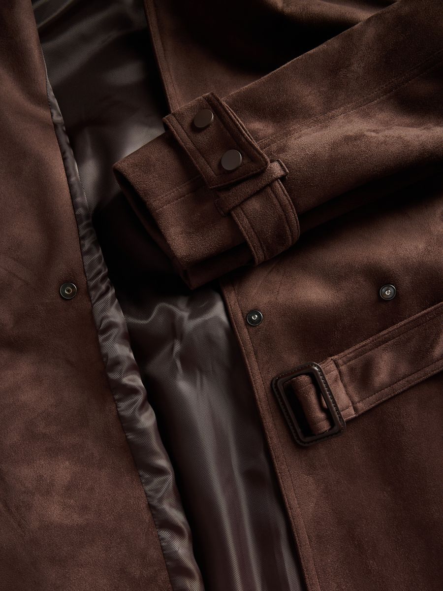Faux suede longline coat with belt - dark brown - RESERVED - 7