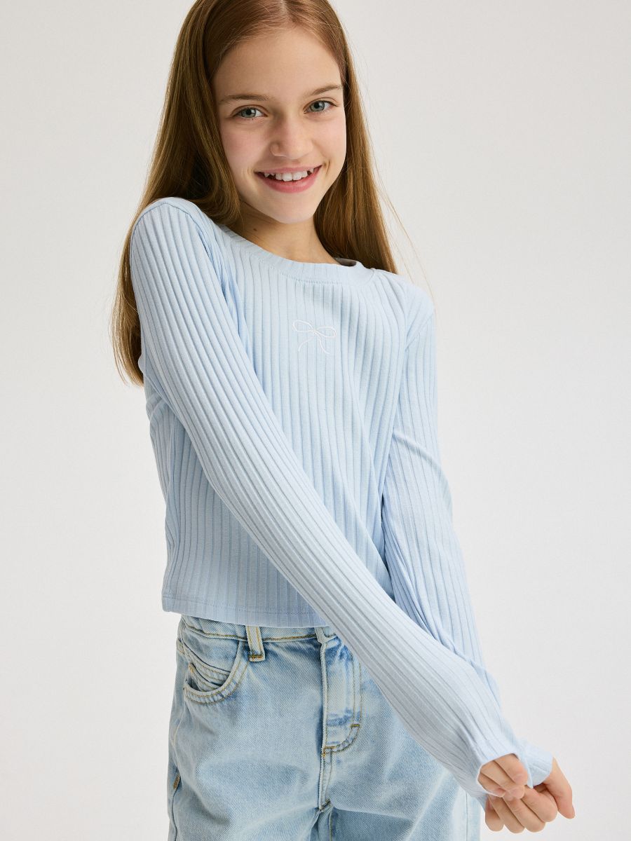 Rib knit T-shirt - pale blue - RESERVED