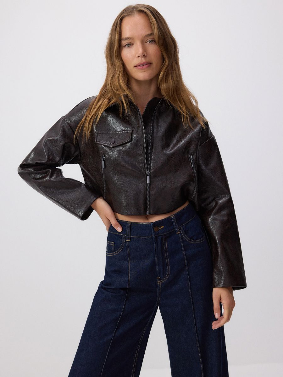 Cropped jacket with collar - mahogany - RESERVED - 2