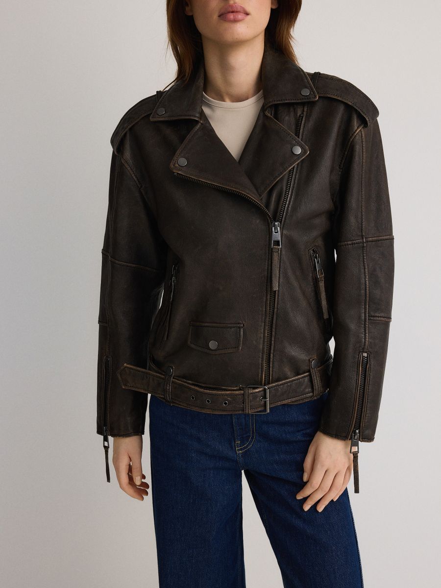 Oversize sheepskin jacket - dark brown - RESERVED