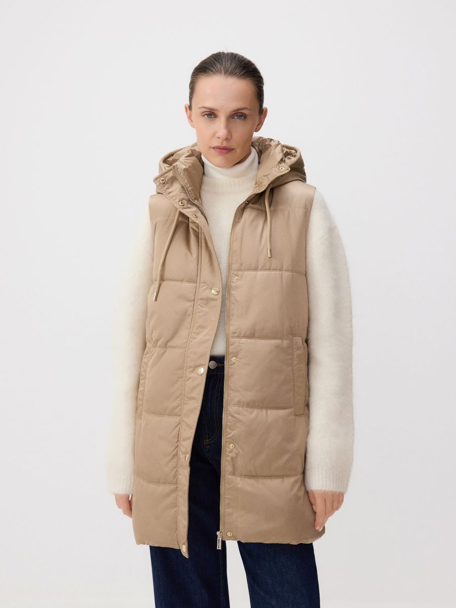 Quilted vest with hood - beige - RESERVED