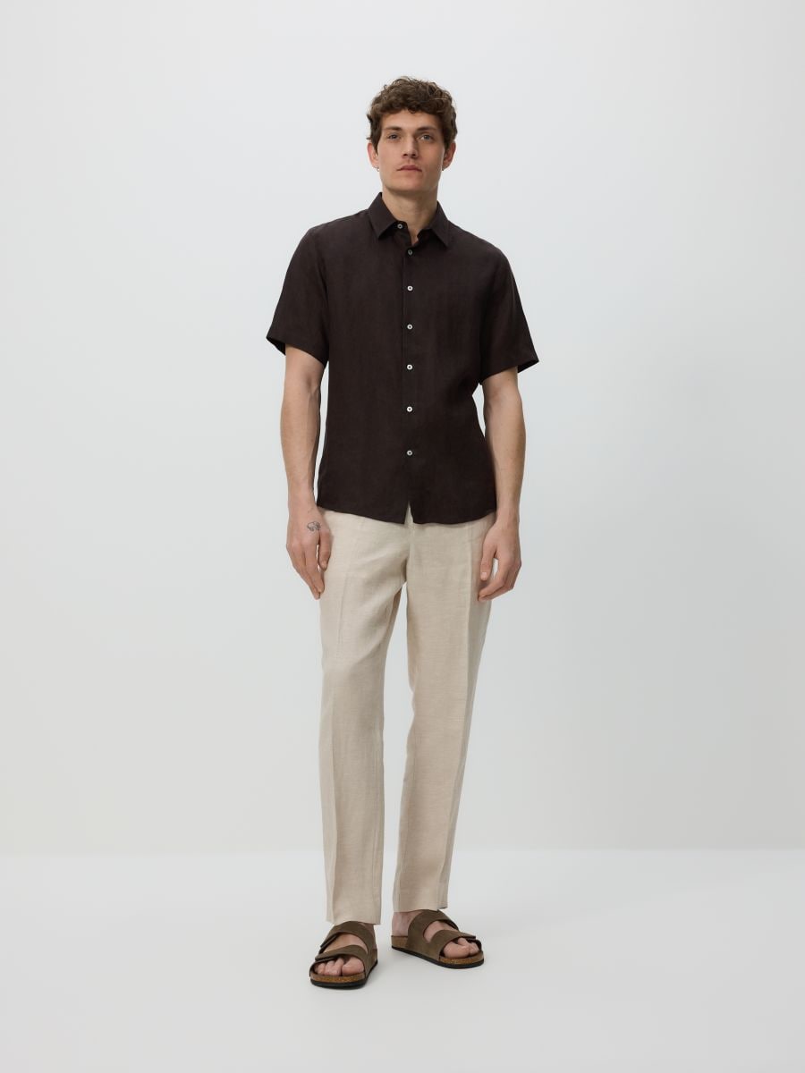 Slim fit linen shirt - dark brown - RESERVED