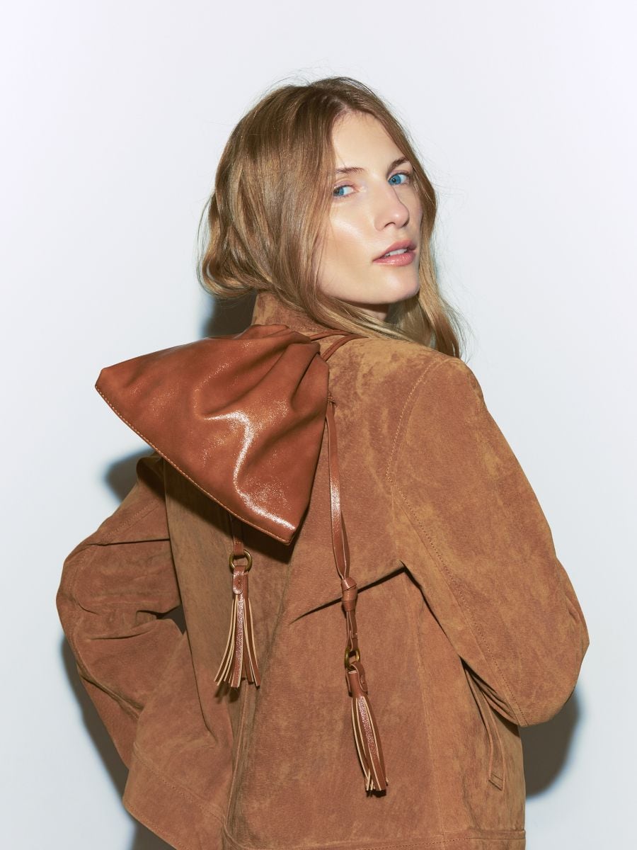 Hobo bag with frills - golden brown - RESERVED