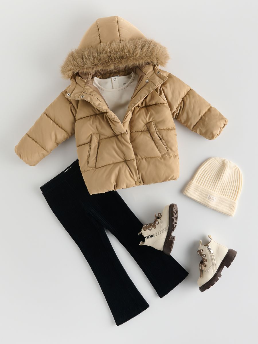 Quilted jacket with hood - beige - RESERVED