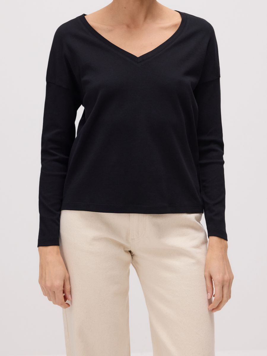 Maglia a maniche lunghe con scollo a V - nero - RESERVED - 2