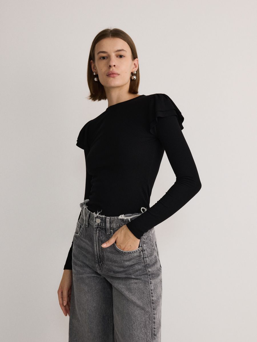 Long sleeve top with ruffle details - black - RESERVED