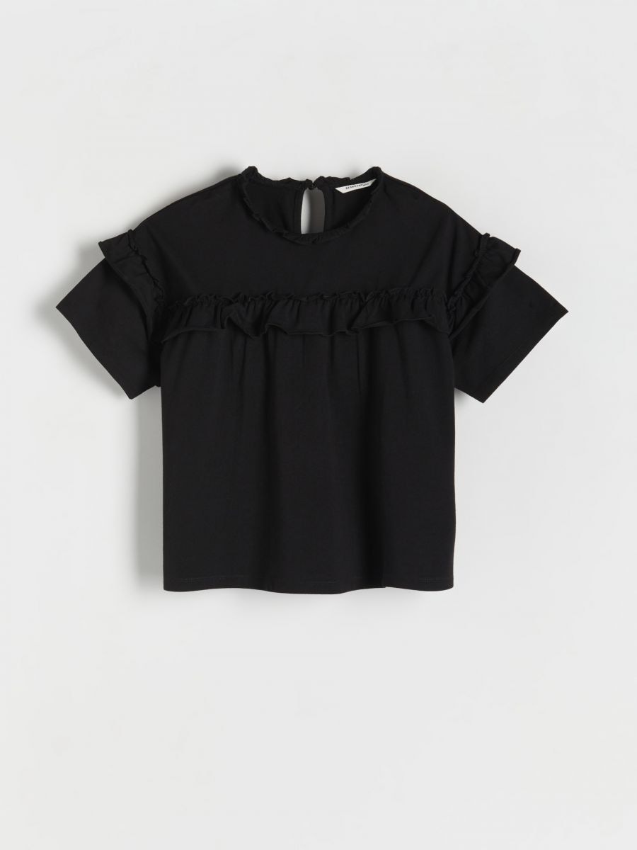 T-shirt with ruffle - black - RESERVED