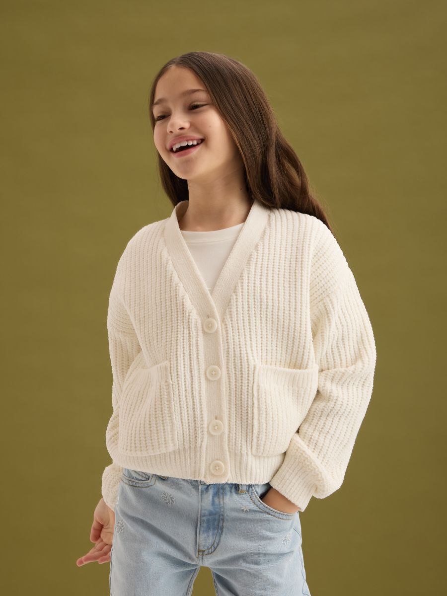 Cropped cardigan with pockets - cream - RESERVED - 4