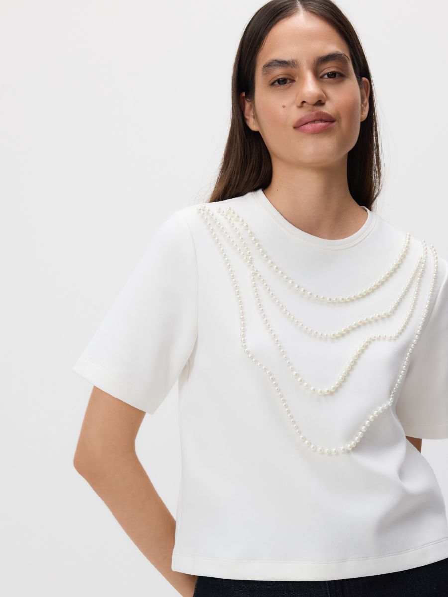 T-shirt with faux pearls - cream - RESERVED