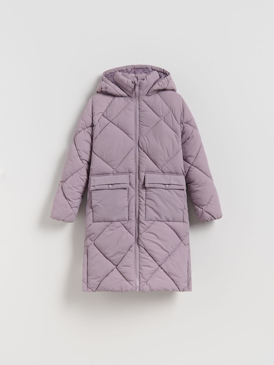 Μακρύ καπιτονέ παλτό με κουκούλα - λιλα - RESERVED
