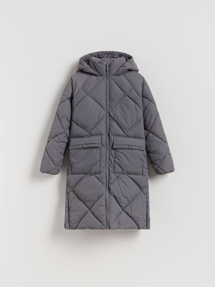 Dugi prošiveni kaput s kapuljačom - sivo - RESERVED