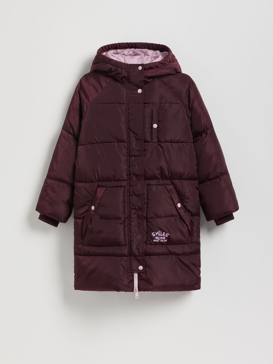 Długi pikowany płaszcz z kapturem - bordowy - RESERVED