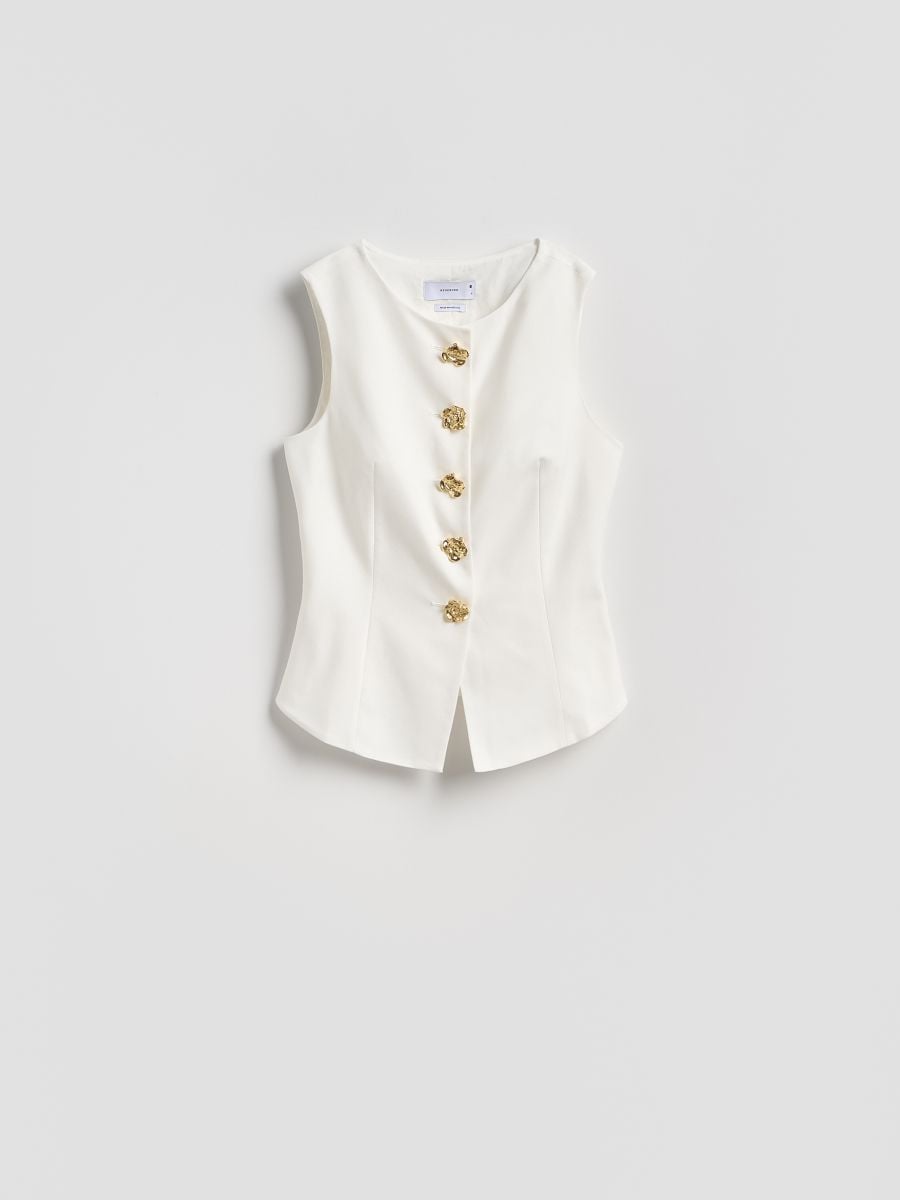 新品　UND MANY MOTIF BUTTON VEST Vest knitted with metallic buttons in dark blue, 24.99