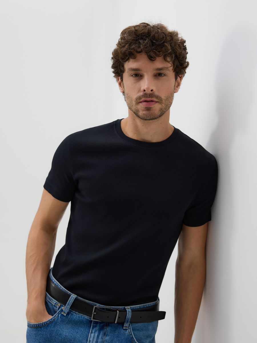 Βαμβακερή μπλούζα slim fit - μαυρο - RESERVED