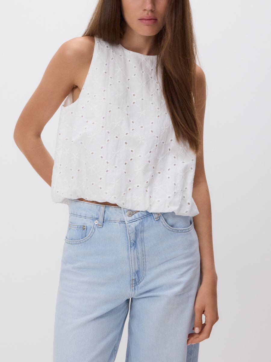 Katoenen opengewerkte blouse - CRÈME - RESERVED