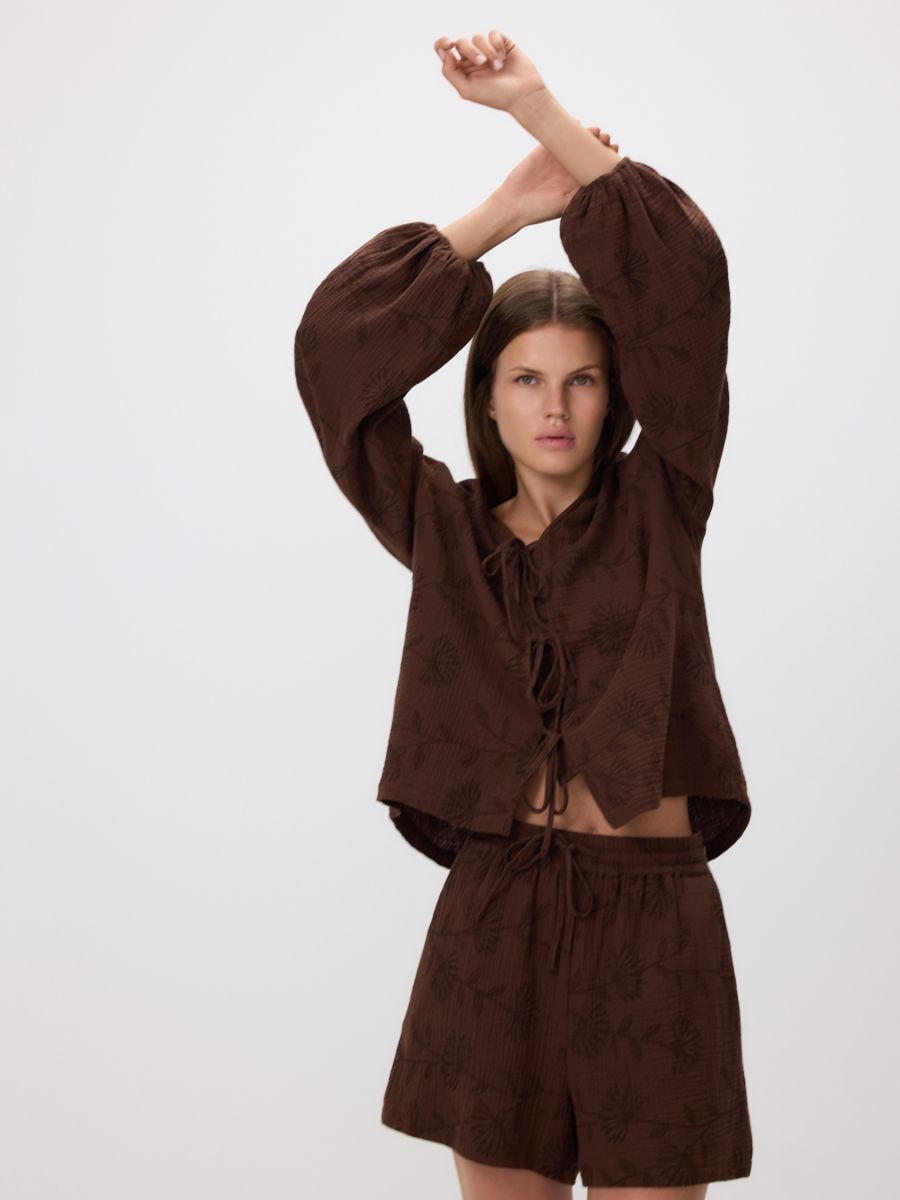 Blouse with front tie - dark brown - RESERVED