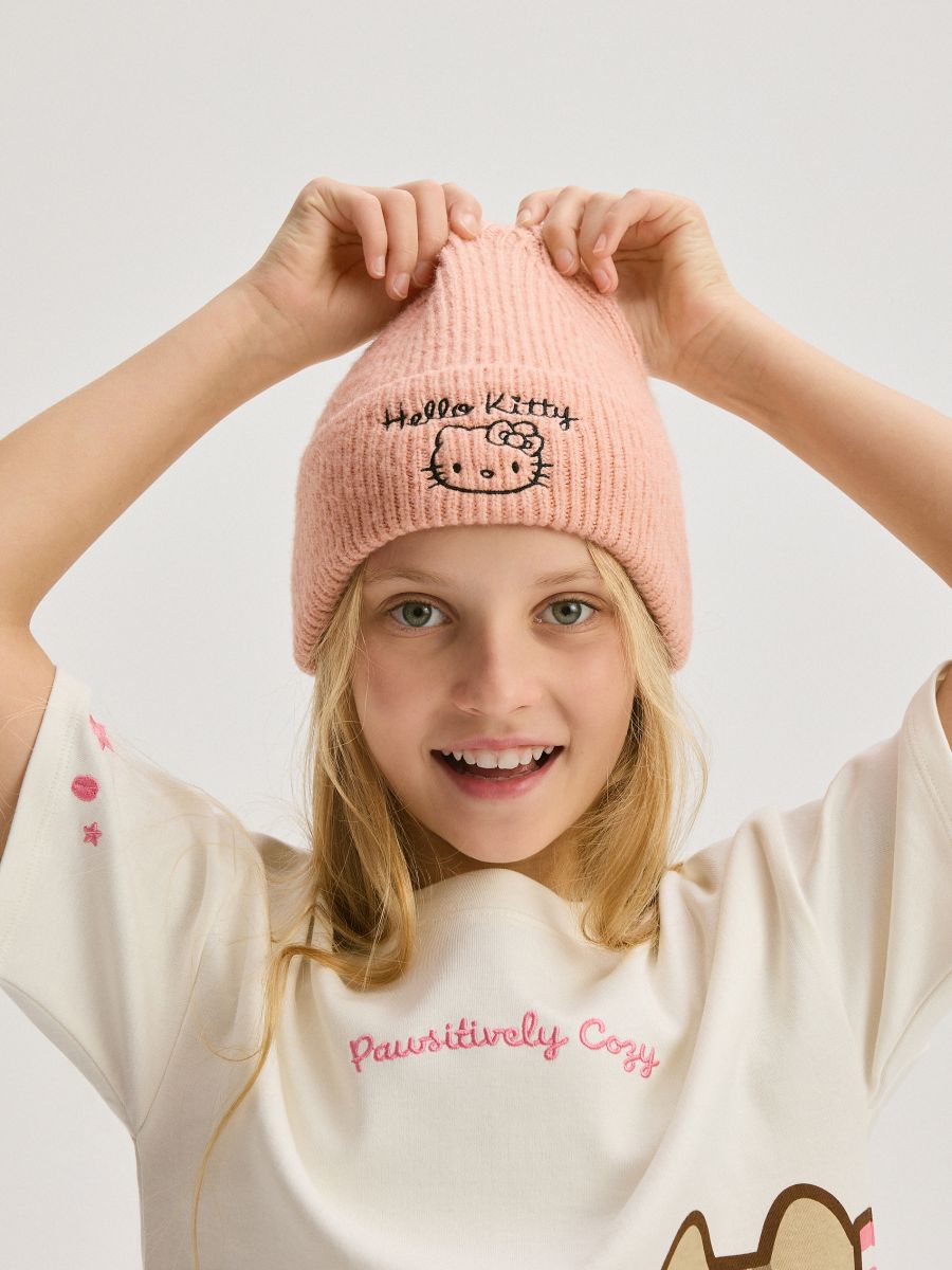 Knitted Hello Kitty beanie - peach - RESERVED - 2