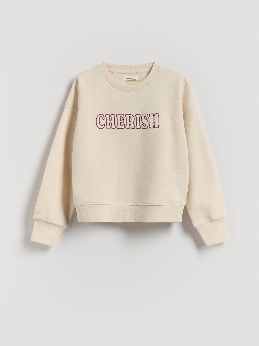 Hoodie with embroidered slogan - beige - RESERVED