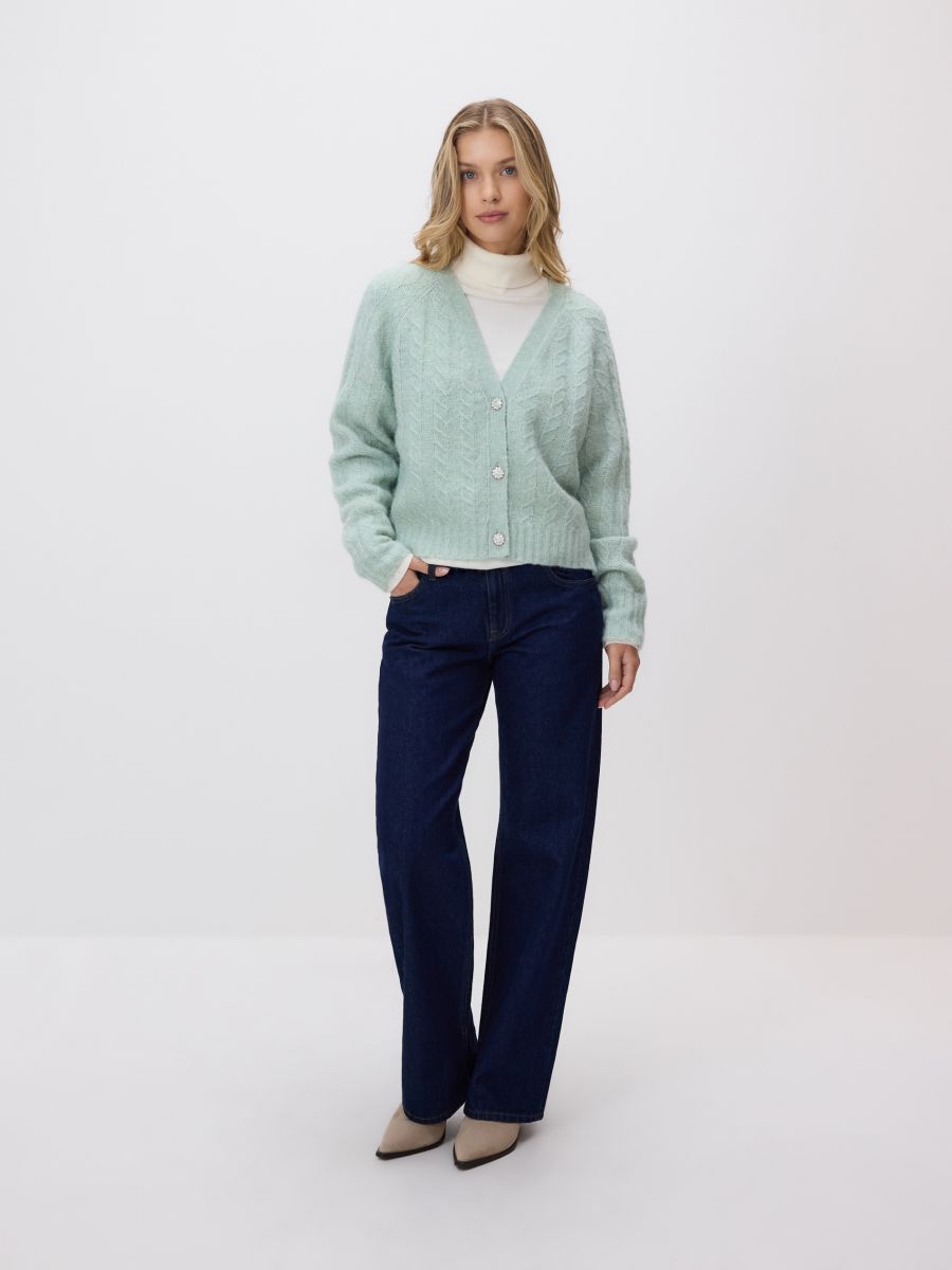 Dekoratív kötésű kardigán - halványzöld - RESERVED
