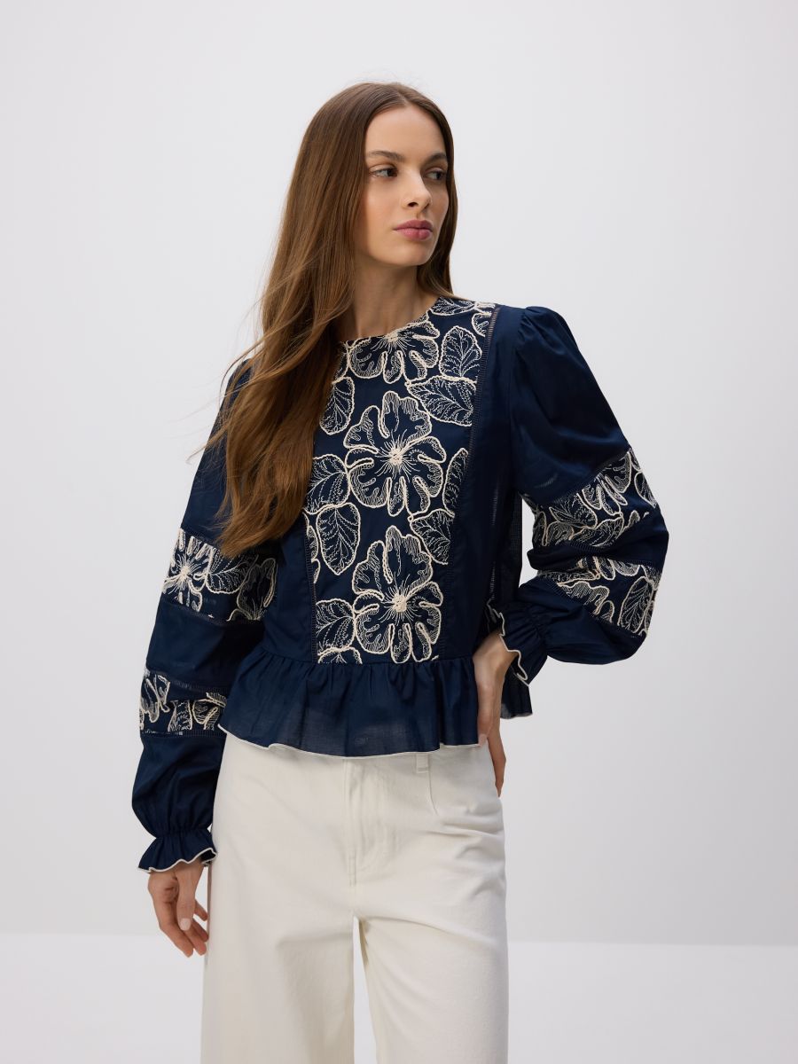 Blouse with decorative embroidery - navy - RESERVED