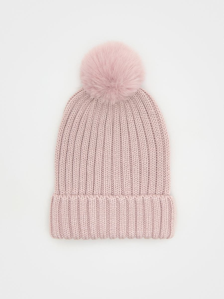 Ribbed beanie with pom pom detail - pastel pink - RESERVED