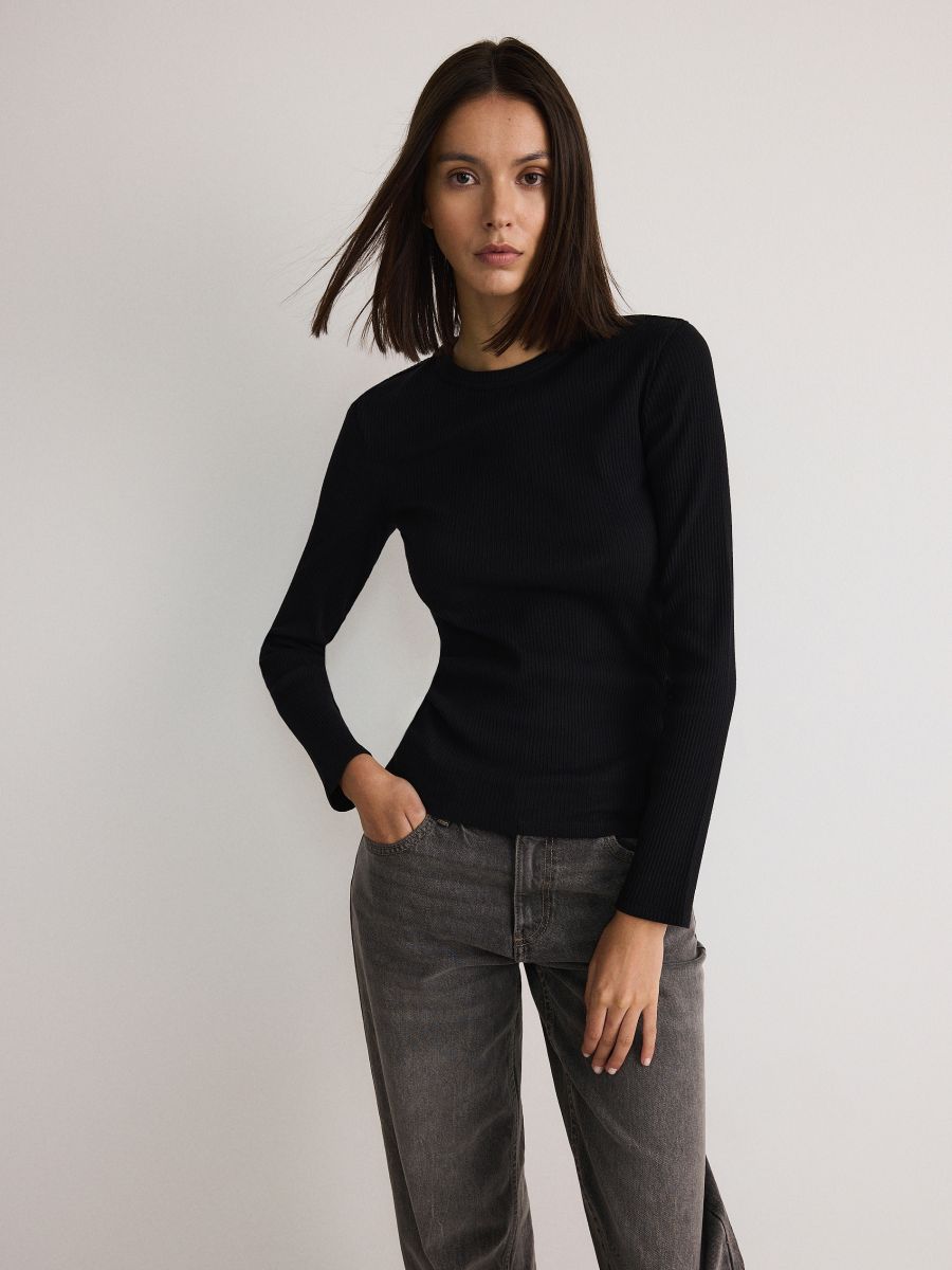 Rib knit jersey long sleeve top - black - RESERVED