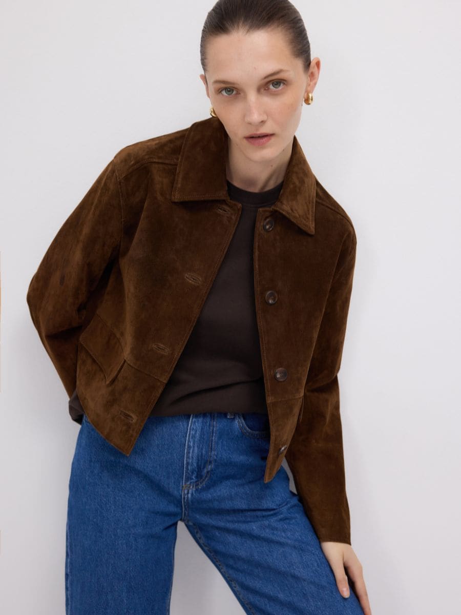Suede jacket with pockets - golden brown - RESERVED