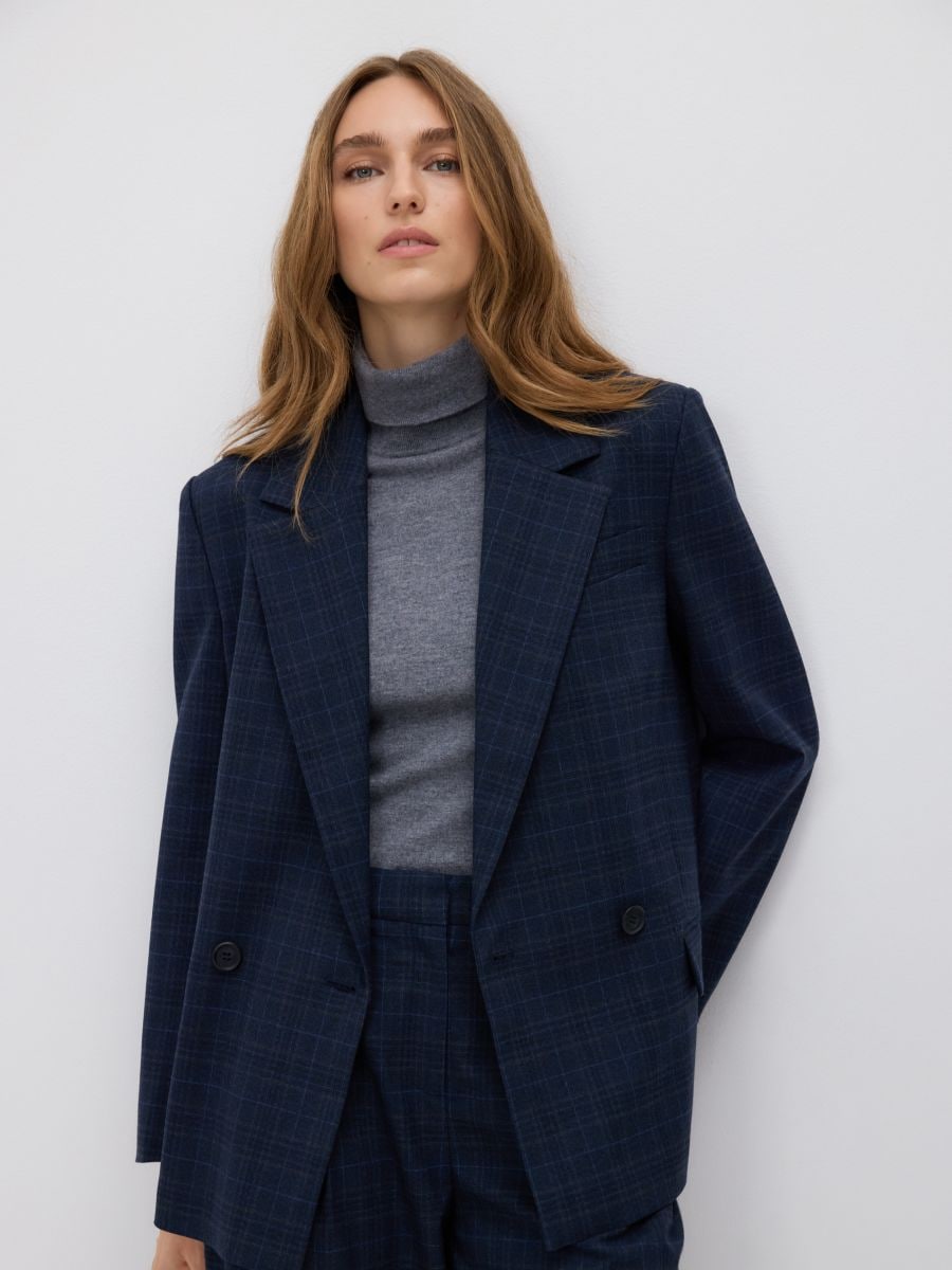 Double-breasted checked jacket - navy - RESERVED