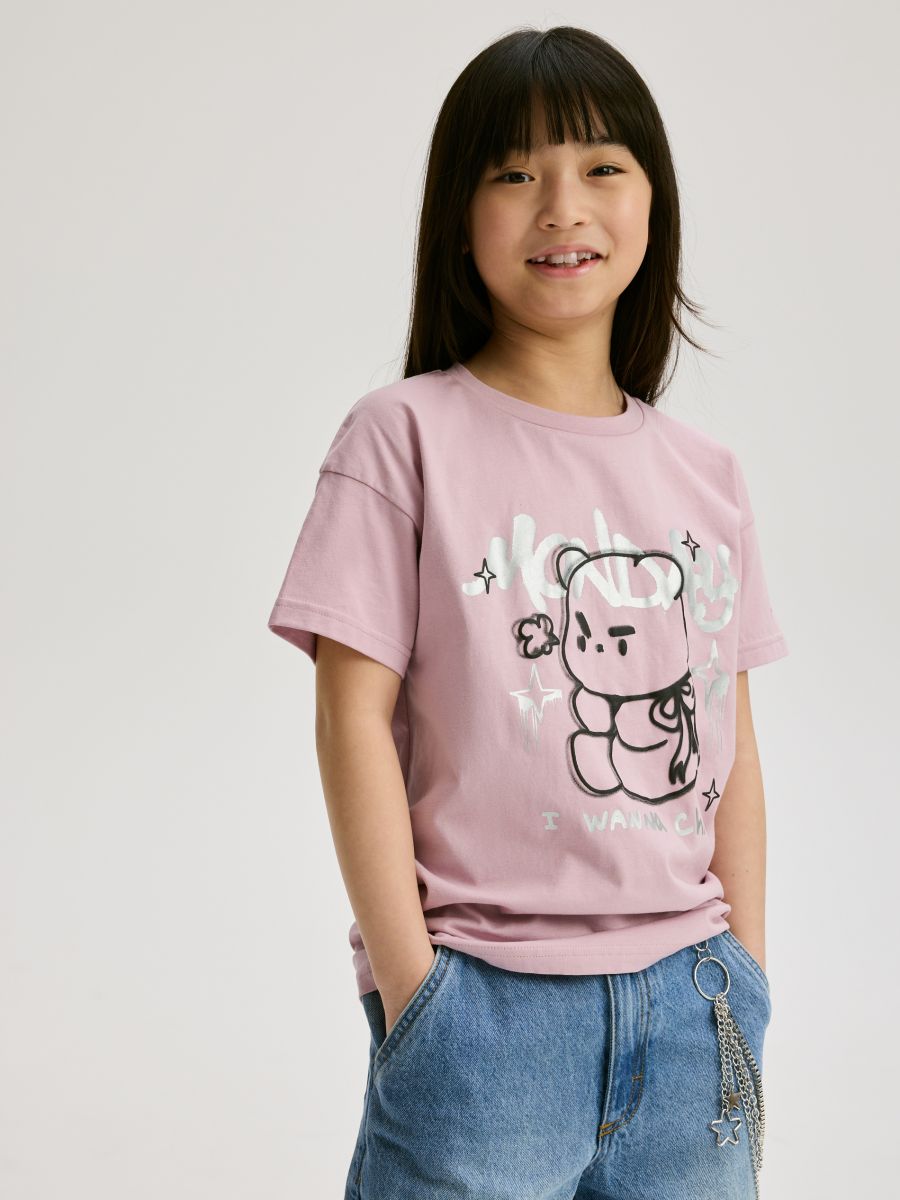 Bawełniany t-shirt z nadrukiem - brudny róż - RESERVED