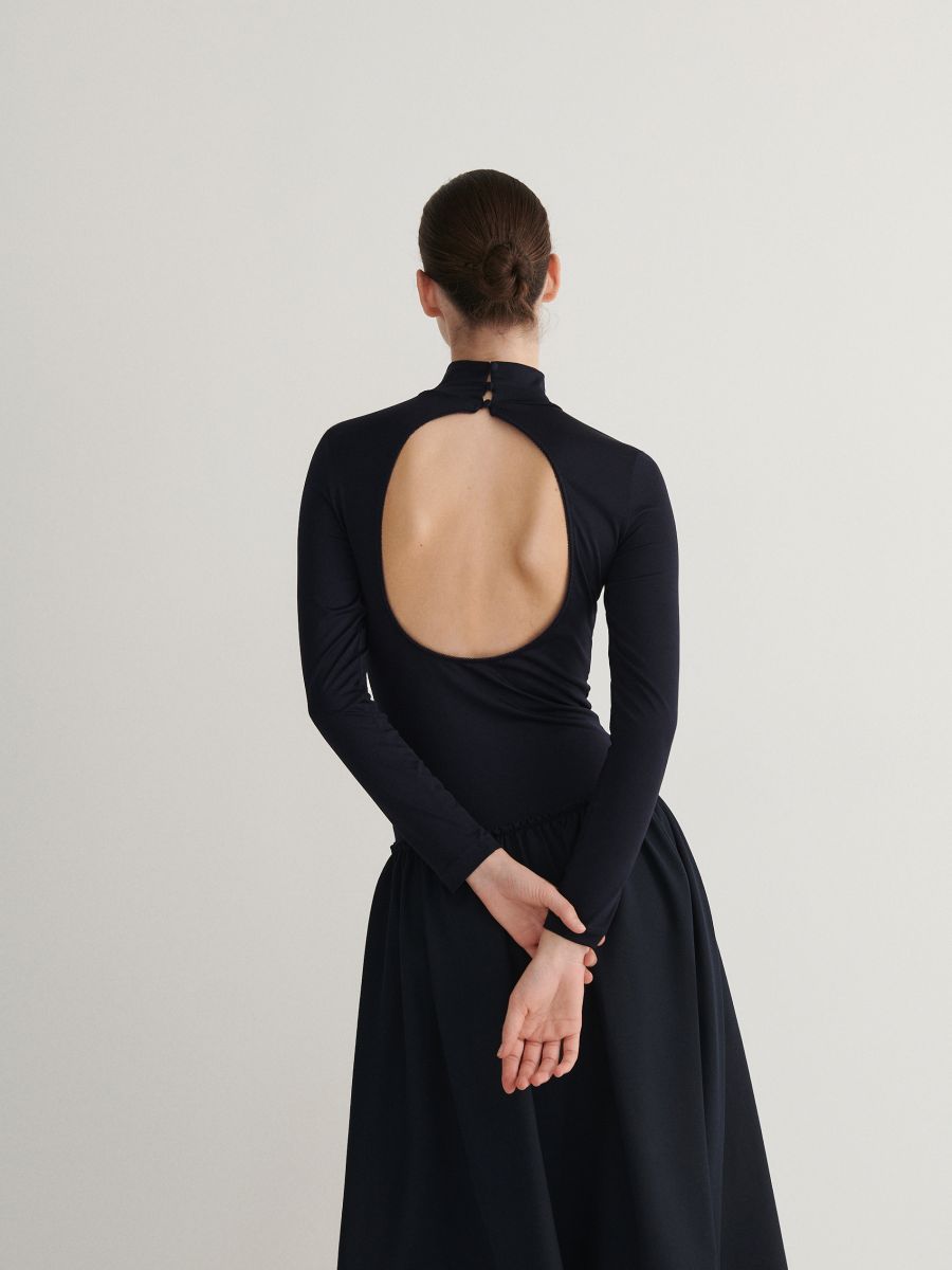Kombinuotų audinių suknelė - tamsiai mėlyna - RESERVED